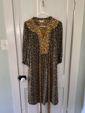 Boden Yellow and Black Floral V-Neck Midi Dress